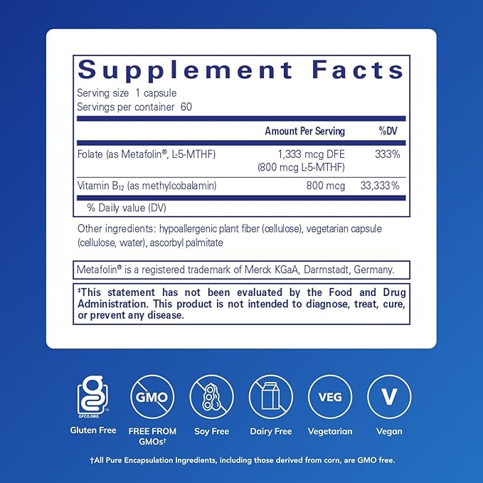 Pure Encapsulations B12 Folate - Energy Supplement to Support Nerves, Energy Metabolism & Cognitive Support* - with Vitamin B Folate as Metafolin - 60 Capsules