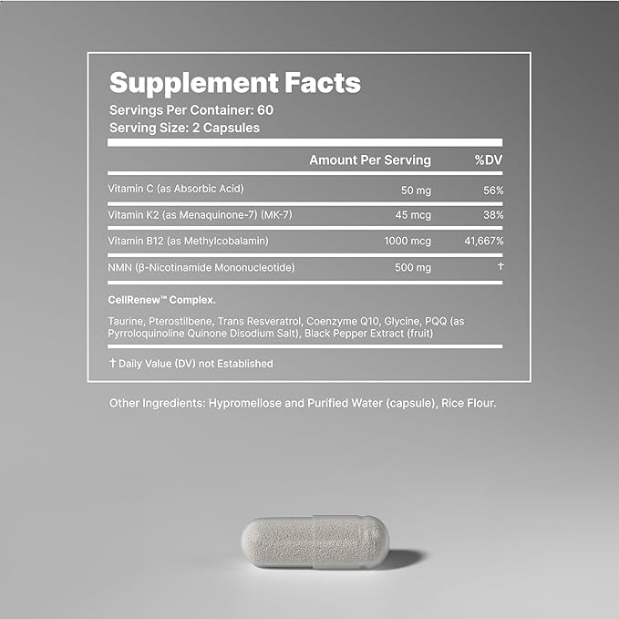 NMN+ 500 mg | NAD+ Support + Energy Production | Integrated Cellular Support Formula | 60 Vegan Capsules
