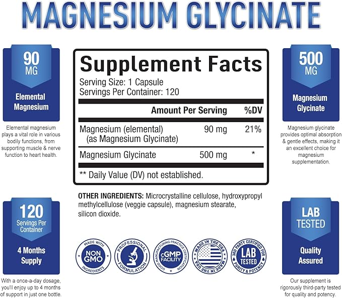 Purely Optimal Magnesium Glycinate 500mg – Sleep Support & Stress Relief – Gentle, High Absorption Magnesium Supplement for Muscle Relaxation, Calm & Nerve Support – 120 Capsules
