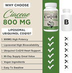 Liposomal CoQ10 800mg Ubiquinol Softgel, Max Absorption Ubiquinol Coenzyme Q10, Ubiquinol CoQ10 Supplement for Antioxidant, Heart Function & Energy Production, Pure CoQ10 800mg, 180 Vegan Softgels