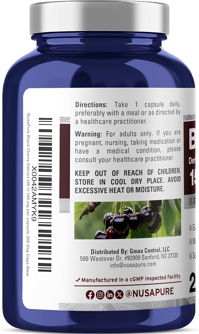 NusaPure Black Cherry Extract 150mg 250 Veg Capsules Max Potency, Non-GMO, Bioperine