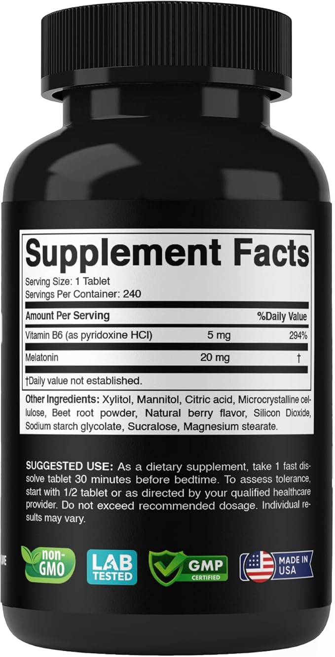 Vitabod Melatonin 20 mg - 240 Fast Dissolve Tablets - Drug Free - Natural Berry Flavor - Vegetarian, Non-GMO, Gluten Free 240 Count (Pack of 1) (240 Count (Pack of 1))