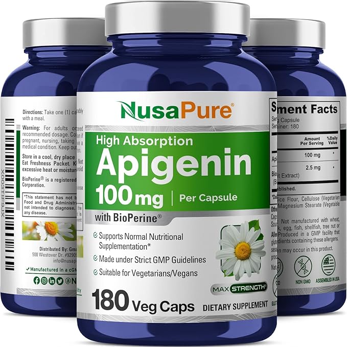 NusaPure Apigenin 100 mg per Capsule 180 Vcaps - Bioperine (Non-GMO, Gluten Free)