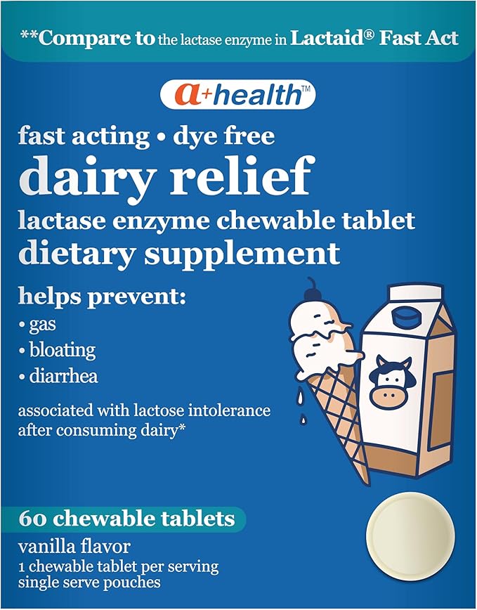 A+Health Dairy Relief Lactase Enzyme 9000 FCC Chewable Tablets, 60 Count, Fast Acting, Dye-Free, Dietary Supplement, Vanilla Flavor, Single Serve Pouches, for Adults and Children 4 Years and Up
