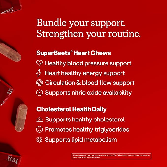 Humann SuperBeets Heart Chews & Cholesterol Health Daily Bundle, Blood Pressure and Cholesterol Support Supplements, 120ct
