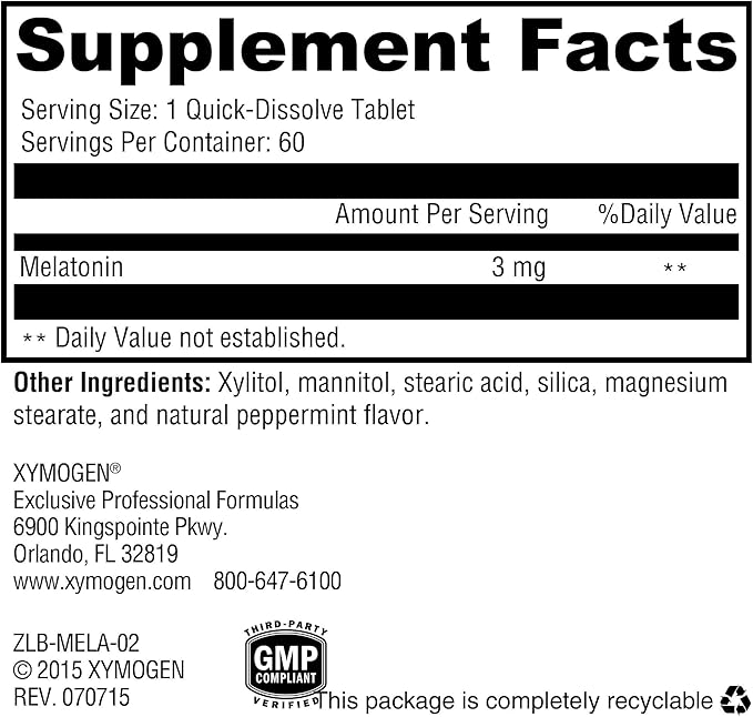 XYMOGEN Melatonin - 3 mg Melatonin Supplement - Sleep Pattern & Circadian Rhythm Support - Quick-Dissolve Tablet - Vegan & Gluten-Free - Peppermint Flavor - 60 Tablets