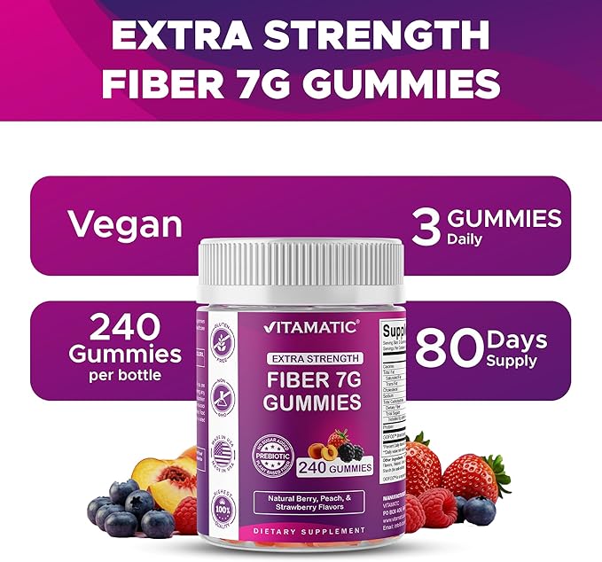 Vitamatic Prebiotic Fiber Gummies for Adults, 7G Extra Strength, Zero Sugar Added, 240 Pectin Based Gummies, Digestive Health & Regularity Support (Pack of 2)