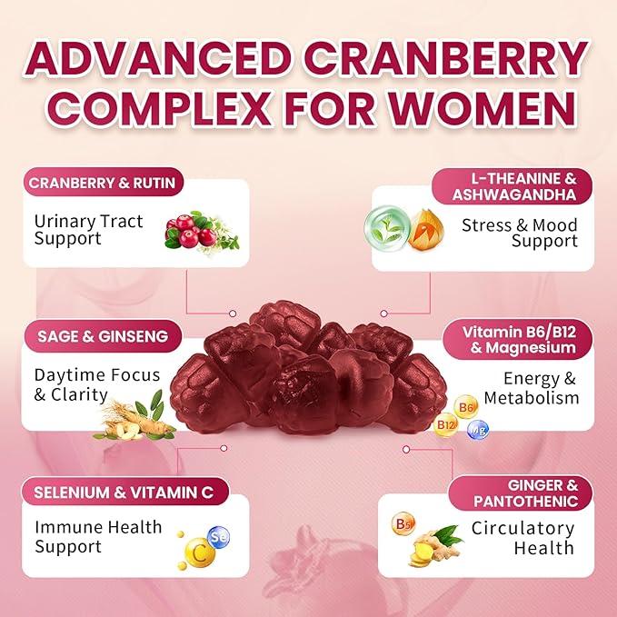 Lukaree 2 Pack Cranberry Gummies for Women – Cranberry Complex with D-Mannose, Ashwagandha, Magnesium, Ginseng – Urinary Tract, Mood & Energy Support – Daytime Vitality Supplement – 120 Count