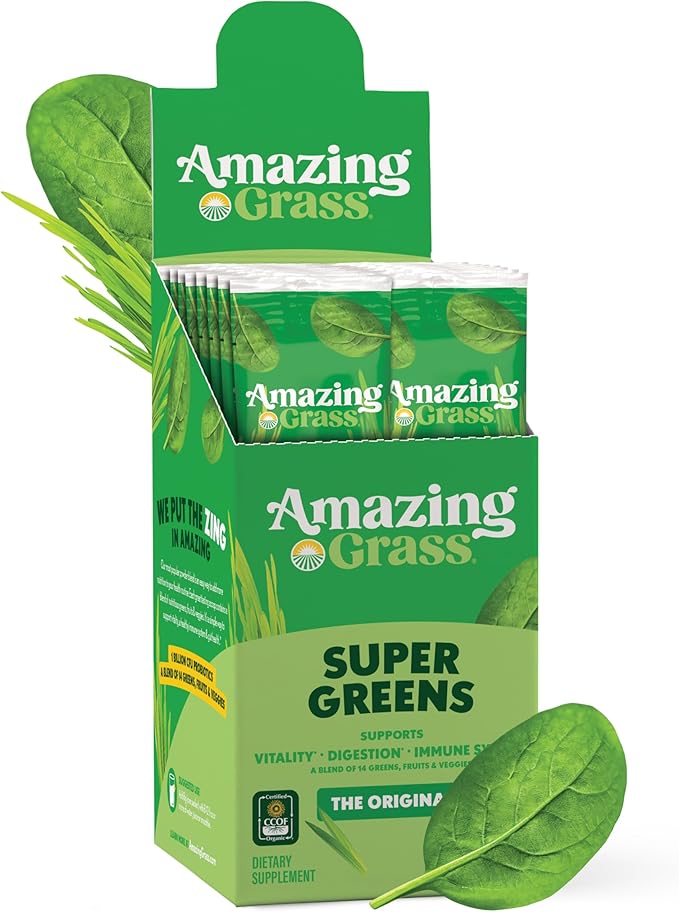 Amazing Grass Greens Blend Superfood: Super Greens Powder Smoothie Mix with Spirulina, Chlorella, Beet Root Powder, Digestive Enzymes, Prebiotics & Probiotics, Original, 15 Servings (Packaging May Vary)