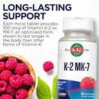 KAL Vitamin K2 MK7 ActivMelt 100 mcg Tablets - Vitamin K Supplement for Nutritional Support for Women & Men, Non-GMO, Vegan, Gluten Free - Natural Raspberry Flavor, 60 Micro Tablets