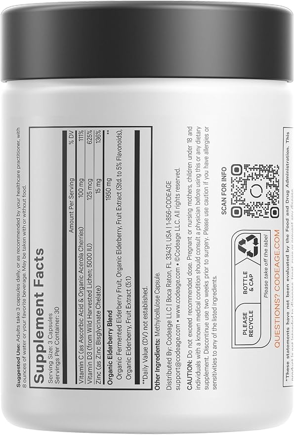 Codeage Elderberry Vitamins - Organic Fermented Elderberry Blend, Vitamin C from Ascorbic Acid & Organic Acerola Cherries, Vitamin D3, Zinc, Sambucus Berries - 90 Capsules