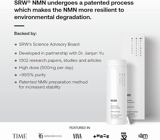 SRW Laboratories NMN | Supports Healthy Aging | 60 Vege Capsules | Supplement for DNA Maintenance, Cellular Energy Production | Increase NAD+ Levels | 500mg Dose
