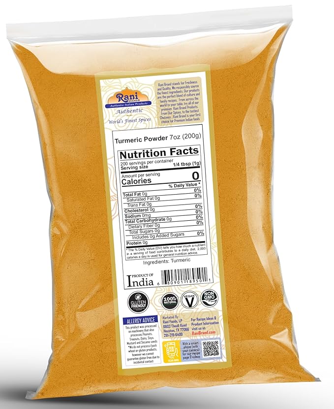 Rani Turmeric (Haldi) Root Powder Spice, (High Curcumin Content) 7oz (200g) ~ All Natural | 100% Pure, Salt Free | Vegan | Gluten Friendly | NON-GMO | Kosher | Indian Origin