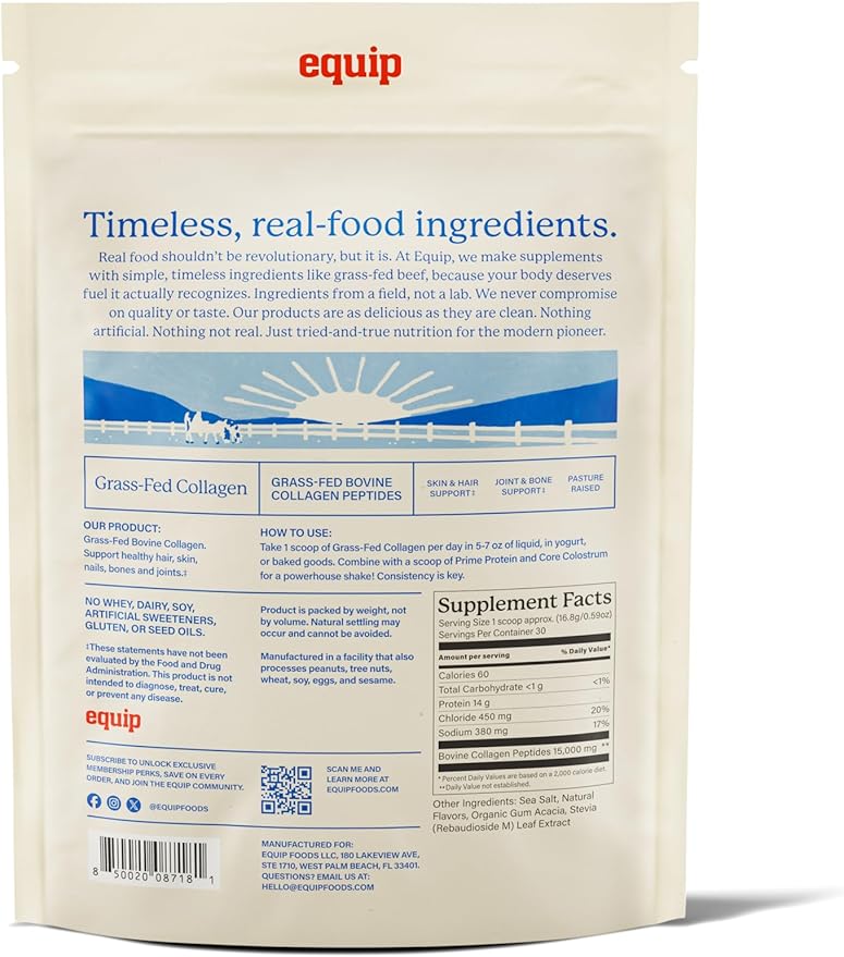 Equip Foods Grass Fed Collagen Powder | Hydrolyzed Bovine Collagen Peptides with Amino Acids | Prime Beef Collagen for Healthy Joints, Skin & Nails | Non-GMO, Paleo Friendly | 30 Servings, Vanilla