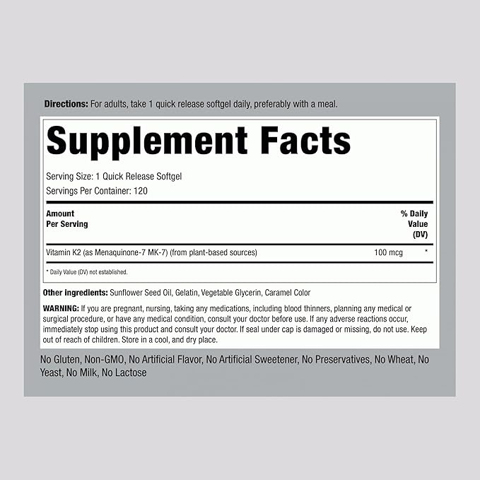 Piping Rock Vitamin K2 MK7 | 100 mcg | 120 Softgels | Non-GMO, Gluten Free Supplement