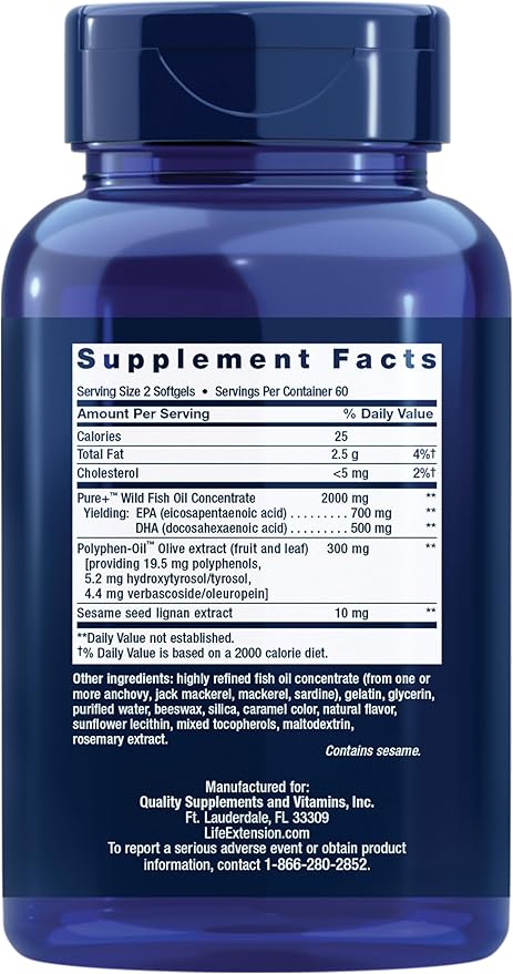 Life Extension Super Omega-3 EPA/DHA Fish Oil,Sesame Lignans & Olive Extract – Cognitive Health,Cholesterol Health Support,Gluten-Free,Non-GMO,120 Softgels,(Pack of 2)