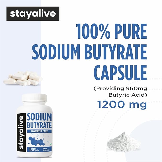 STAY ALIVE Sodium Butyrate Supplement 1200mg, Pure Butyric Acid Postbiotic, 120 Count, 2 Month Supply, Non-GMO and Gluten-Free Butyrate Powder Capsules