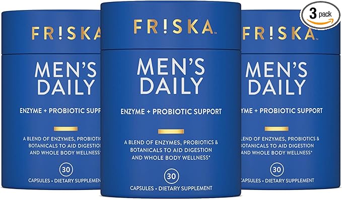 Friska Men’s Daily Gut Support - Digestive Enzymes, Probiotics to Help Break Down Foods, Supports Energy & Nutrient Absorption with Vitamins B6 & B12, 90 Capsules