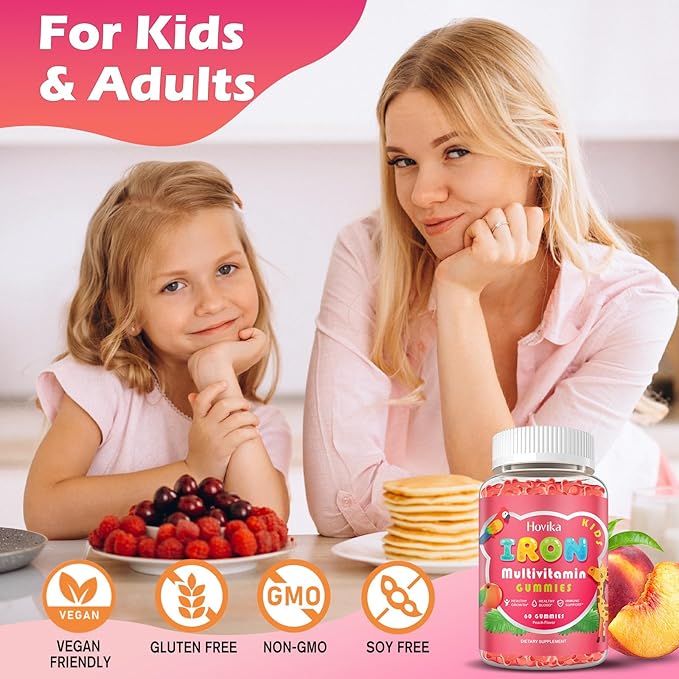 Iron Supplement Gummies for Kids with Multivitamin, Calcium, Zinc, Folate - Kids Iron Gummies Support Immune, Blood Builder, Iron Deficiency, Anemia & Energy - Vegan, Peach 60 Count
