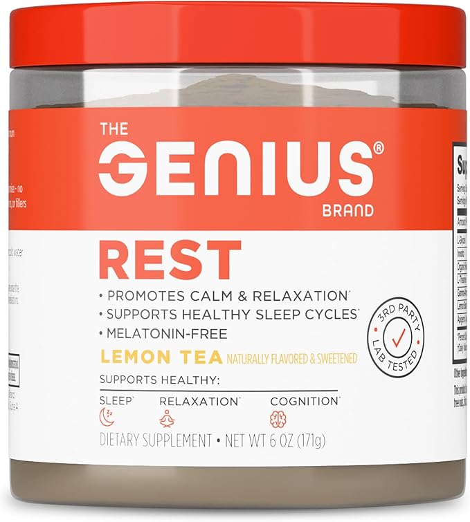 The Genius Brand Genius Rest - Supports Sleep, Relaxation & Brain Health with L-Theanine, GABA, Reishi & More - Melatonin-Free Supplement with L-Theanine & L-Glycine - Lemon Tea, 6 oz (30 Servings)