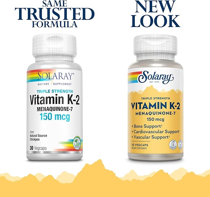 Solaray Triple Strength Vitamin K-2 as MK-7 150 mcg - Vitamin K2 MK7 Supplement for Bone Health Support, Pure Vit K2 as Menaquinone for Women and Men - 30 Vegan Capsules