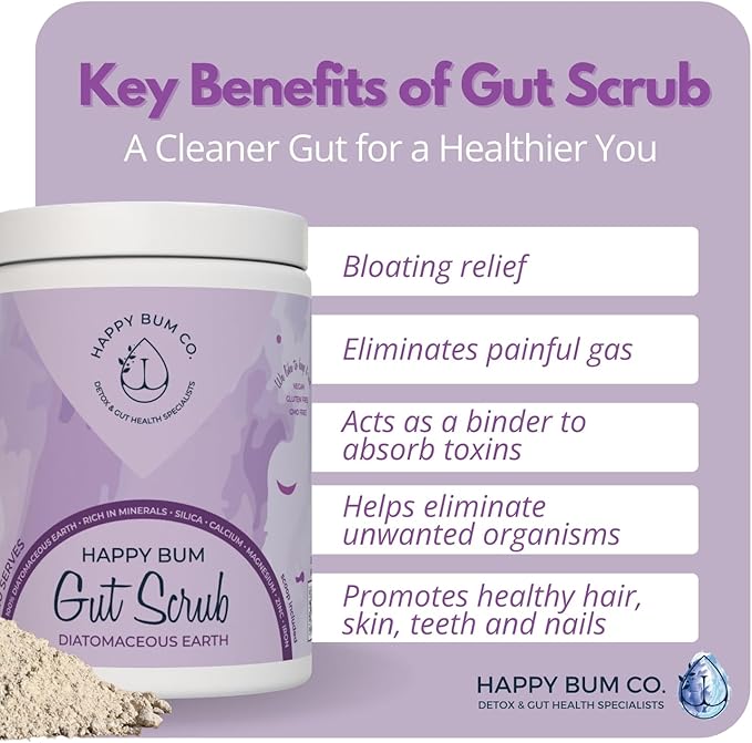 Happy Bum Gut Scrub - Diatomaceous Earth Food Grade for Humans | Mineral Powder Supports Gut Health, Bloating Relief | Rich in Silica, Zinc & Minerals for Healthy Hair, Skin, Nail - 150g