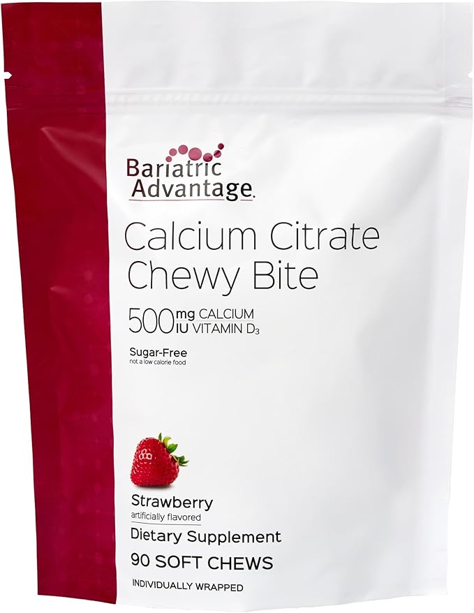 Bariatric Advantage Calcium Citrate Chewy Bites 500 mg - Highly Absorbable & Digestible - Vitamin D3 - Easily Chewable Calcium Supplement - Strawberry Flavor - 90 Count