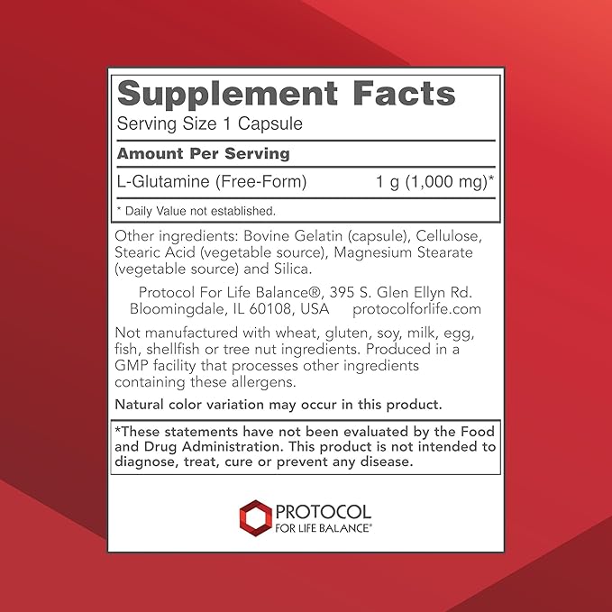 PROTOCOL FOR LIFE BALANCE L-Glutamine 1000mg - Amino Acid - Muscle Tissue, Gut Health Immune Health - 120 Veg Caps