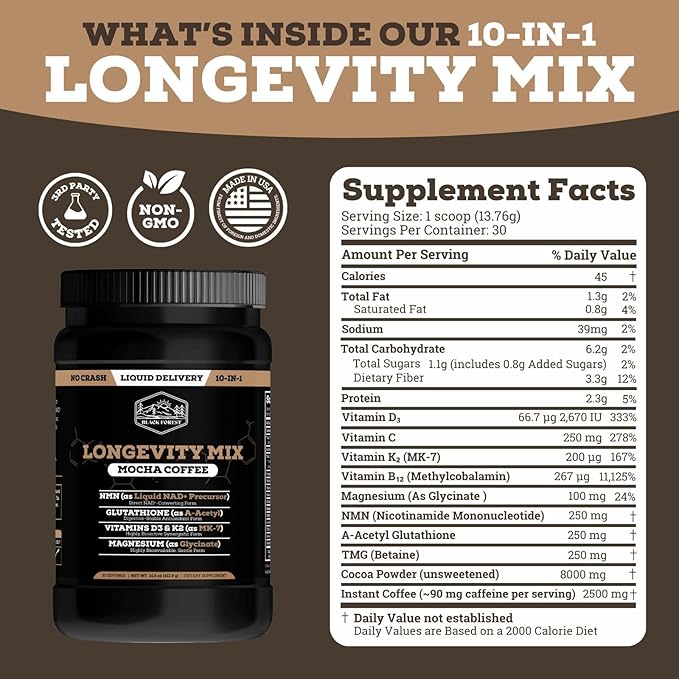 Black Forest High Flavanol Cocoa Powder 1200mg Flavanols and Longevity Mocha Coffee 10 in 1 NMN Glutathione Vitamins Polyphenol Cocoa Energy and Heart Health Bundle