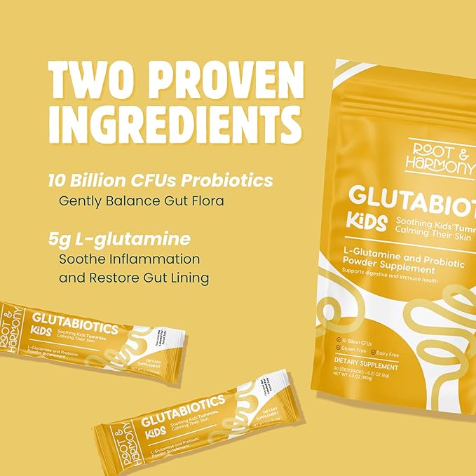 Root & Harmony Glutabiotics Kids Probiotic & L-Glutamine Powder – Daily Children's Gut Health, Skin & Immune Support Supplement, Unflavored, Dairy Free, Gluten Free, 10 Billion CFU, 30ct Bag