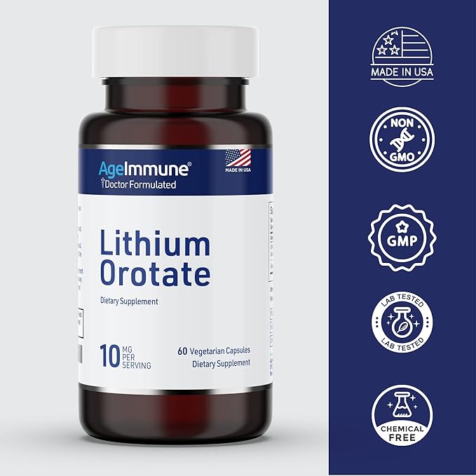 Lithium Orotate 10mg per Capsule - 60 Vegetarian Capsules. Memory and Emotional Wellness Support - Magnesium Stearate Free - 2 Months Supply of Lithium Supplement.