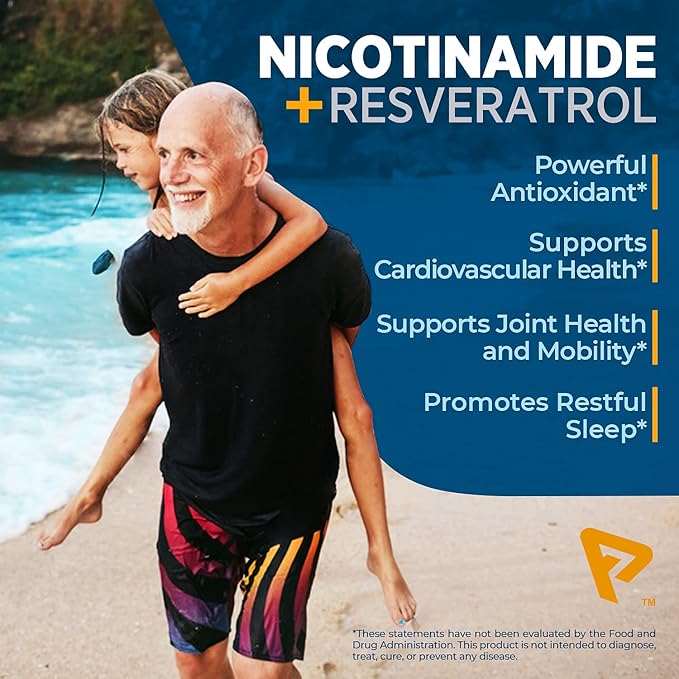 Nicotinamide 500 mg with Resveratrol 100 mg 120 Veggie Capsules - Non-GMO Vitamin B3, Supports Metabolic Health, NAD+, Skin Cell & Mitochondrial Energy Production. Made in USA for Men and Women