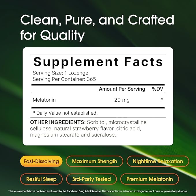 NatureBell Melatonin 20mg - 365 Lozenges - Daily Sleep Support for Adults - Bedtime Supplement for Nighttime Relaxation Support* - Dissolves Fast