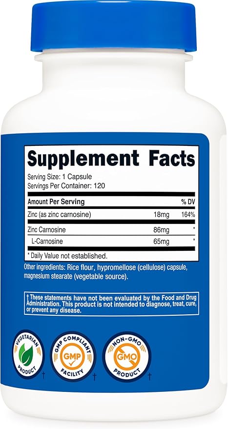Nutricost Zinc Carnosine 86mg, 120 Capsules - Non-GMO, Gluten Free, Zinc L-Carnosine Supplement (Pack of 2)