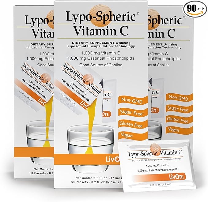 LivOn Laboratories Lypo–Spheric Vitamin C – 3 Cartons (90 Packets) – 1,000 mg Vitamin C & 1,000 mg Essential Phospholipids Per Packet – Liposome Encapsulated for Improved Absorption – 100% Non–GMO