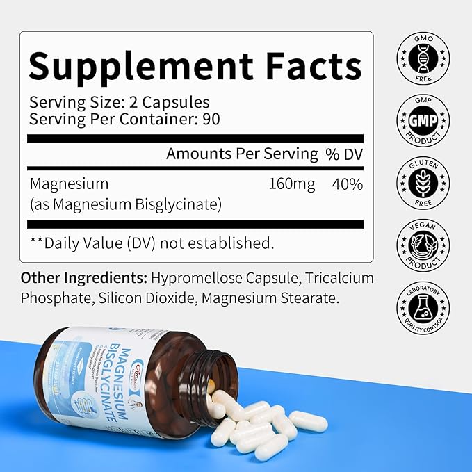 Magnesium Glycinate Capsules, Magnesium Bisglycinate 100% Chelated, Maximum Absorption, Gentle on Stomach, Small Easy to Swallow, Supports Restful Sleep, Muscle, Bone Health