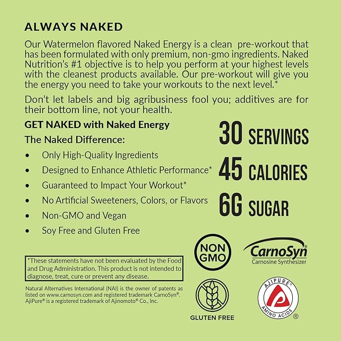 NAKED Watermelon Energy - Clean Pre Workout Supplement for Men and Women, NSF Certified, Vegan Friendly, No Added Sweeteners, Colors Or Flavors - 30 Servings