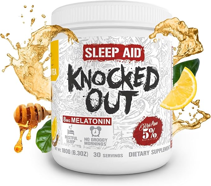 5% Nutrition Rich Piana Knocked Out Natural Sleep Aid Powder | Post-Workout Recovery & Deep Sleep Supplement | GABA, Melatonin, Chamomile, Tyrosine, 5-HTP, & More | 30 Servings (Honey Lemon Tea)