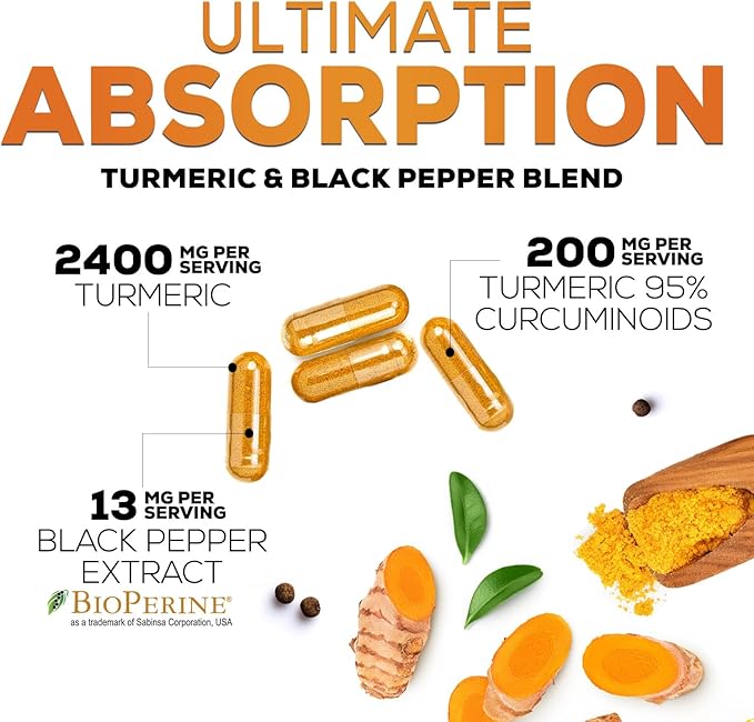 Turmeric Curcumin Supplement - 2400mg Organic Turmeric Per Serving - 95% Curcuminoids & BioPerine Black Pepper Extract for Best Absorption - Natural Vegan Joint Support, Bottled in USA - 120 Capsules