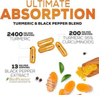 Turmeric Curcumin Supplement - 2400mg Organic Turmeric Per Serving - 95% Curcuminoids & BioPerine Black Pepper Extract for Best Absorption - Natural Vegan Joint Support, Bottled in USA - 120 Capsules