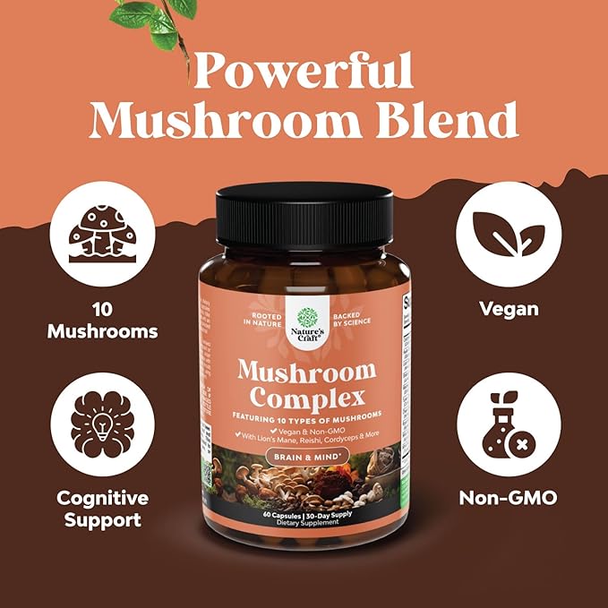 Bundle of Nootropic Brain Supplement - Mental Health & Clarity with VIT A B6 Riboflavin Niacin Thiamin Folate and Advanced Mushroom Complex Capsules - 10X Lions Mane with Reishi Chaga Maitake Shiitake
