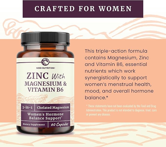 Zinc and Magnesium Supplement with Vitamin B6 | Women’s Hormone Balance, Menstrual Cycle & Immune Support | High Absorption Chelated Magnesium Glycinate with Zinc Picolinate and VIT B6 | 60 Ct
