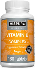 Vitamin B-Complex, 180 Vegan Tablets, All B Vitamins Including B12, B1, B2, B3, B5, B6, B7, B9, Folic Acid, for Stress, Energy and Healthy Immune System*, Natural Supplement Without Additives