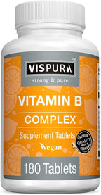 Vitamin B-Complex, 180 Vegan Tablets, All B Vitamins Including B12, B1, B2, B3, B5, B6, B7, B9, Folic Acid, for Stress, Energy and Healthy Immune System*, Natural Supplement Without Additives