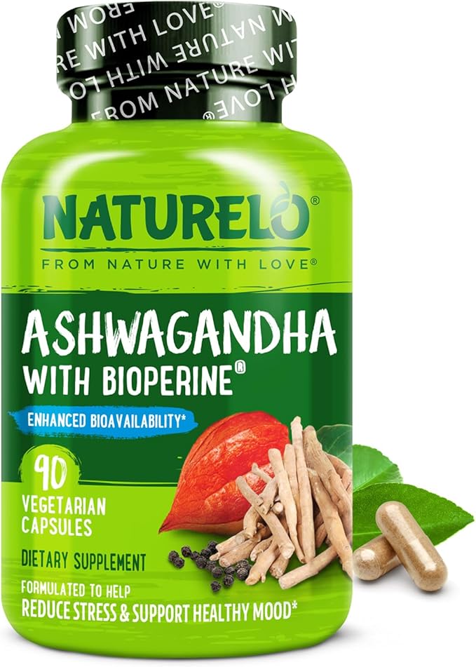 NATURELO Ashwagandha Organic Root Powder - Natural Herbs Supplement for Fatigue, Stress Relief, Mood Enhancer - with Black Pepper Extract - 90 Vegan Capsules