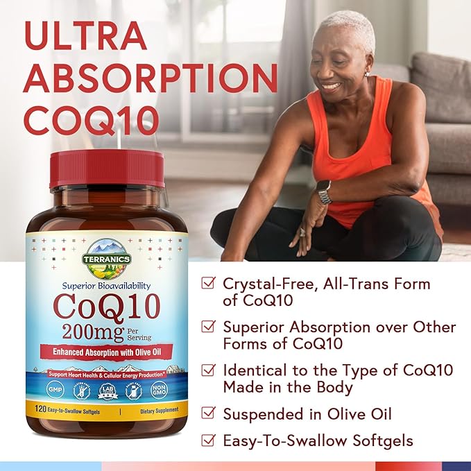 Terranics CoQ10 200mg, Coenzyme Q10 Supplement with Extra Virgin Olive Oil for Enhanced Absorption, Made in USA, Supports Heart Health, Antioxidant Protection, Energy Production, Non-GMO, 120 Softgels