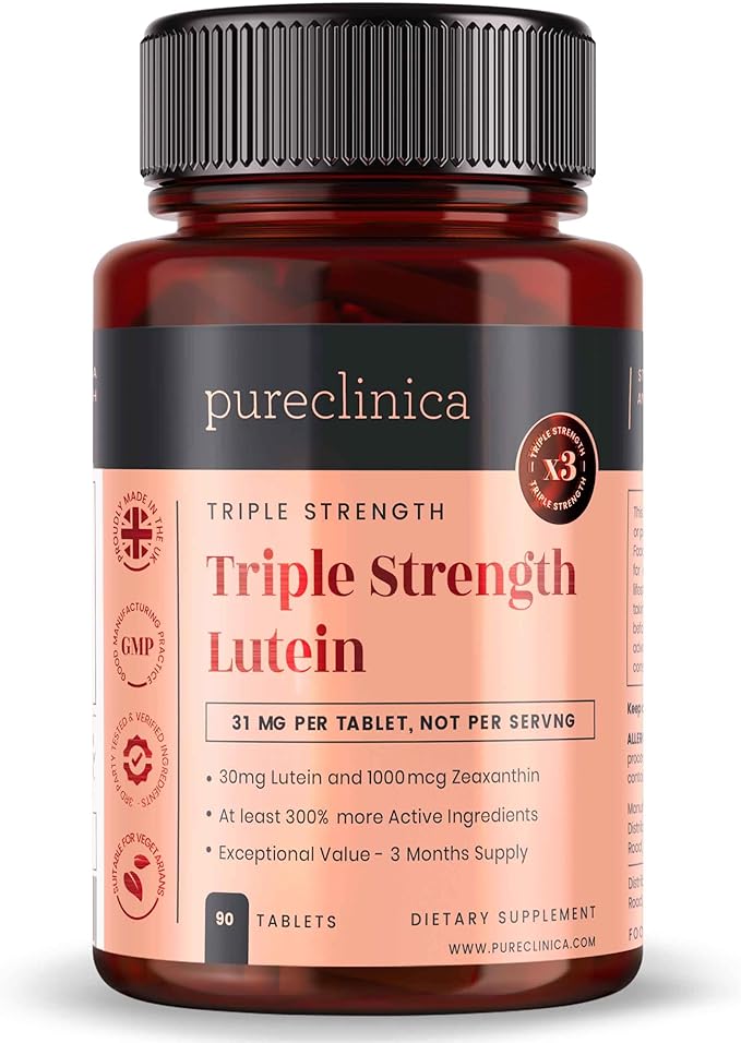 pureclinica Lutein 30mg with Zeaxanthin 1000mcg – Triple Strength Supplement, 90 Tablets (3-Month Supply)