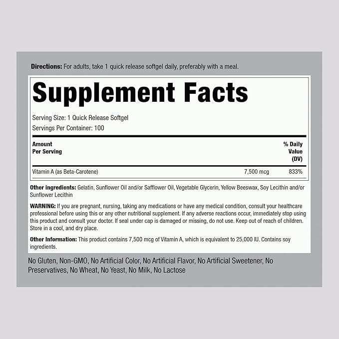 Piping Rock Beta Carotene 25000 IU Softgels | 7500 mcg | 100 Count | Vitamin A Supplement | Non-GMO, Gluten Free