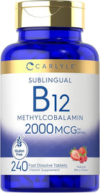Carlyle B12 Vitamin 2000 mcg | 240 Fast Dissolve Tablets | Sublingual Methylcobalamin | Berry Flavor | Vegetarian, Non-GMO & Gluten Free Supplement