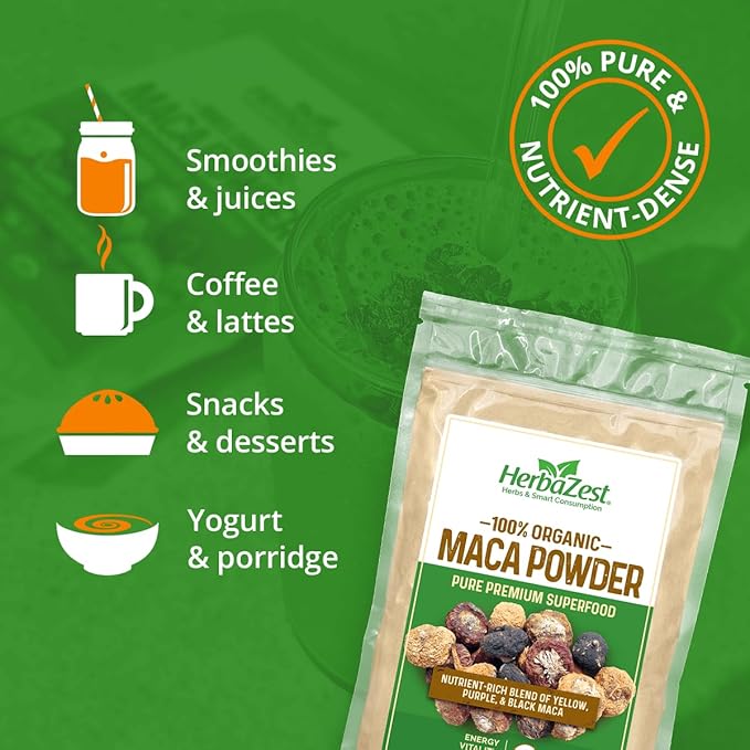 HerbaZest Maca Powder Organic – 1 LB – USDA Certified, Vegan & Gluten Free Superfood – Perfect for Smoothies, Juices, Baking, Yogurt & Cereal